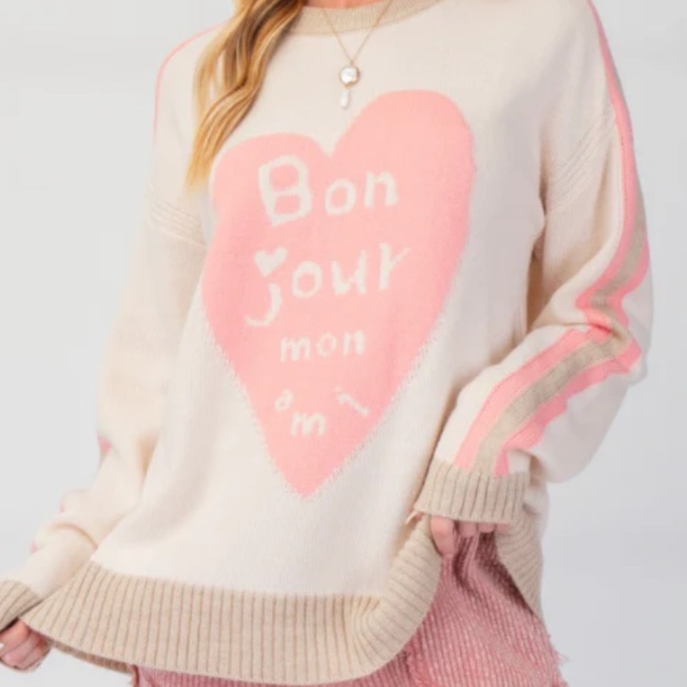 Cream & Pink Heart Graphic Sweater